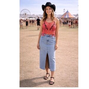 Universal Thread Womens 6 Denim Maxi Skirt Acid Wash High Waist‎ Front Slit NWOT